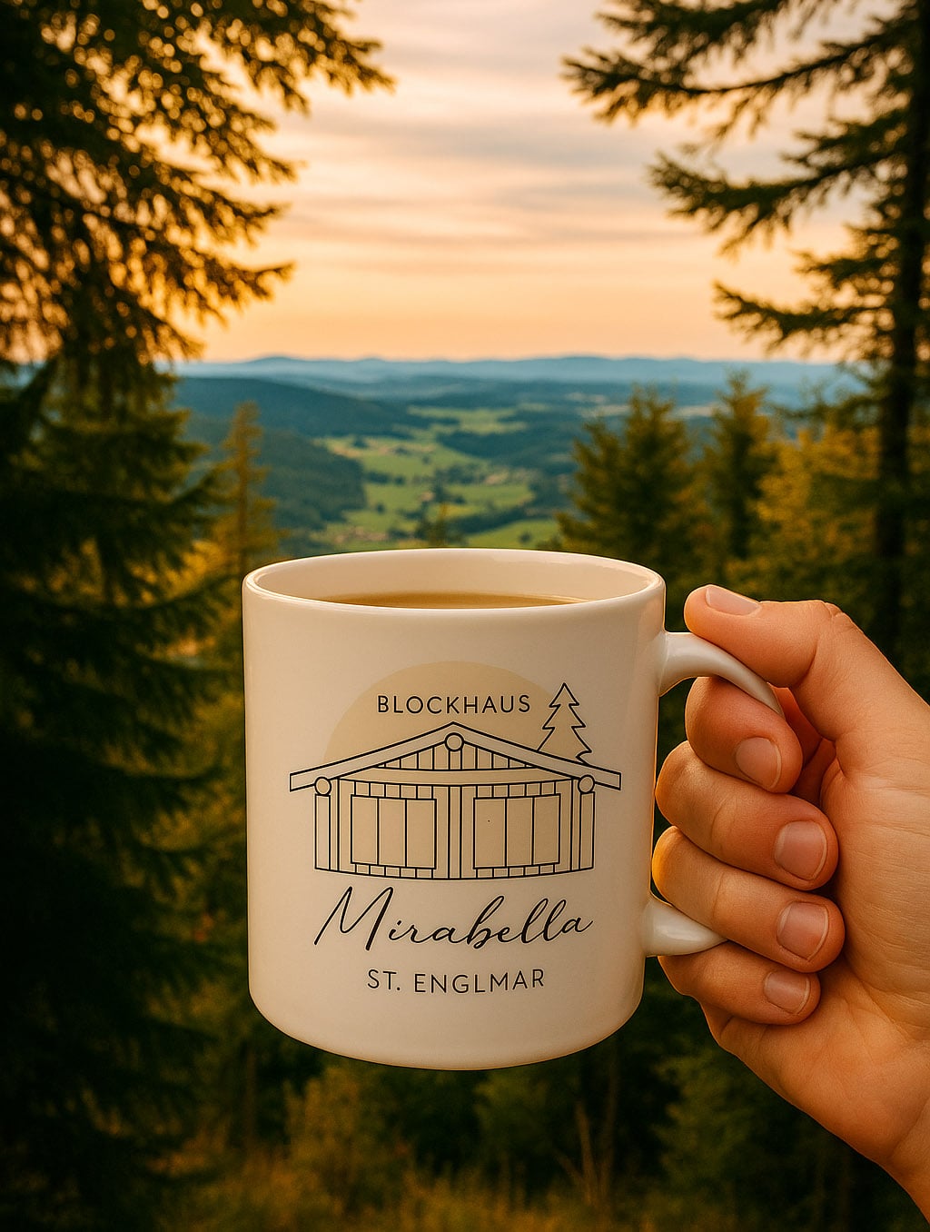 Tasse mit Logo vom Ferienhaus mit Blick nach St. Englmar im Bayerischen Wald